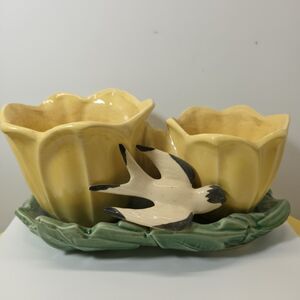 Vintage McCoy Pottery Yellow & Green Double Tulip Planter Flying Bird 1940s